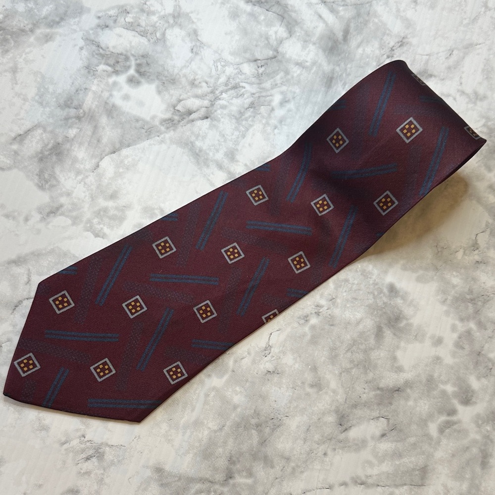Giorgio Armani Burgundy Tie with Blue and Gold Accents Silk Geometric Party